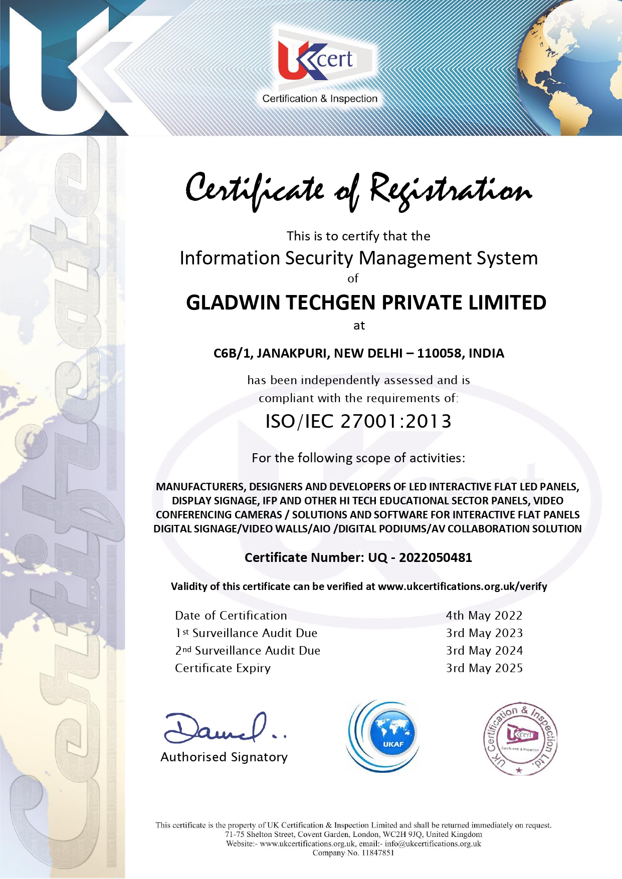 GLADWIN TECHGEN ISO UKCERT 27001 page 0001